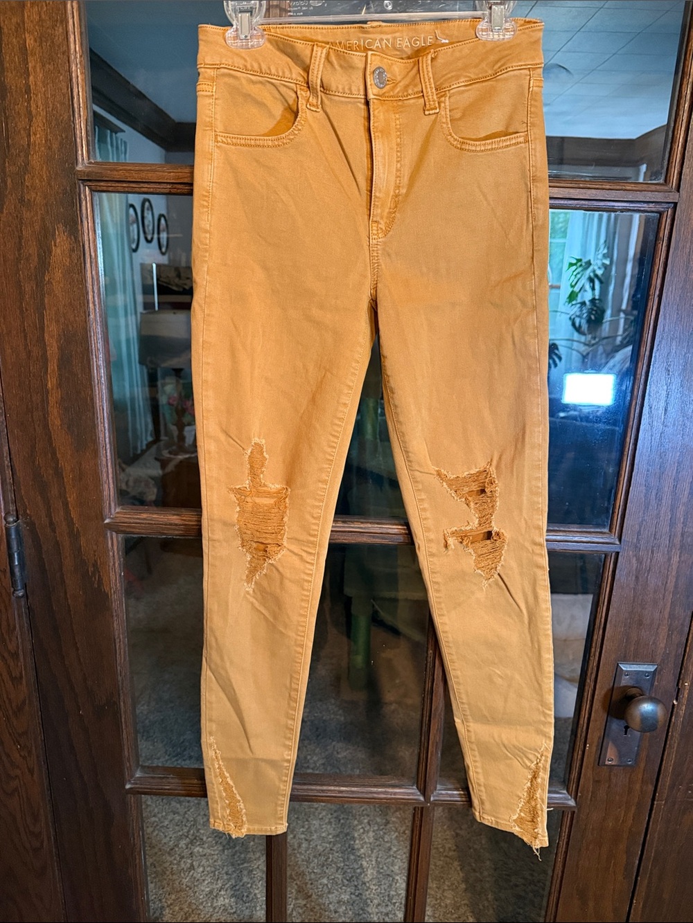 American Eagle‎ Next Level Stretch Skinny Jeans Mustard Yellow Distressed 8 Long